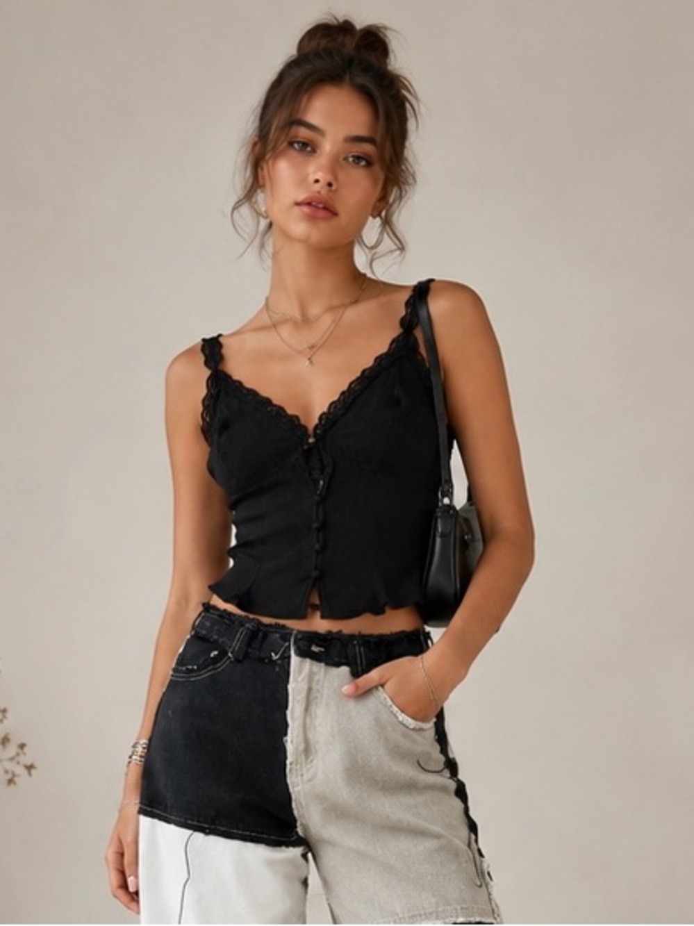 Urban Outfitters Lace Trim Button Front Cami Crop Top Black Medium